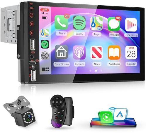 Inalámbrico Carplay Radio Coche 1 DIN con You-Tube Android Auto, 7 Pulgadas Touchscreen Radio Coche Single DIN con iOS/Android Mirror Link Bluetooth FM Radio USB/EQ Control del Volante Cámara Trasera