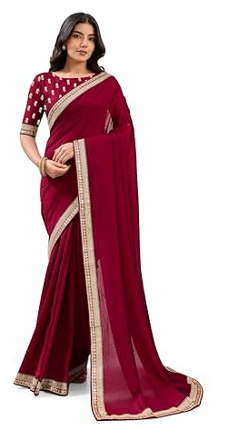 Svayi Women’s Vichitra Silk Gold Zari Embroidery work Saree for Wedding Festive Party Style Sari with Blouse Piece (SR1283-Maroon)