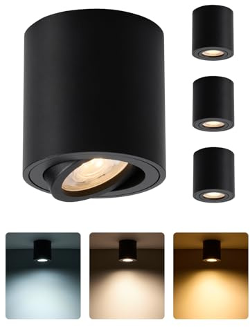 HOMEOW LED Aufbauspot Dimmbar Schwarz IP44 Schwenkbar 5.5W 4er Set | Aufputz Deckenspots ø80x83mm Warmweiß Neutralweiß Kaltweiß Badezimmer 530LM Fest Verbautes LED Modul Nicht Austauschbar