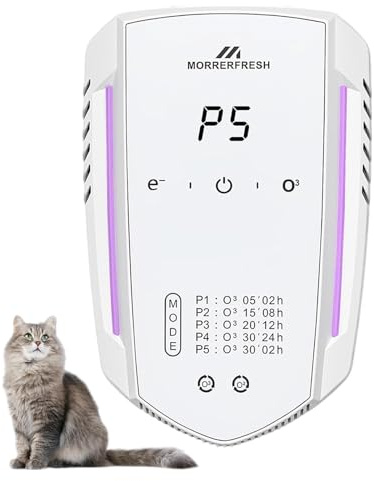 Morrerfresh Cat Litter Deodorizer & Pet Odor Eliminator for Home, Ozone Air Purifier Plug in for Strong Dog Poof, Litter Box Deodorizer with 5 Mode for Smoke, Wardrobe, Garage, Car