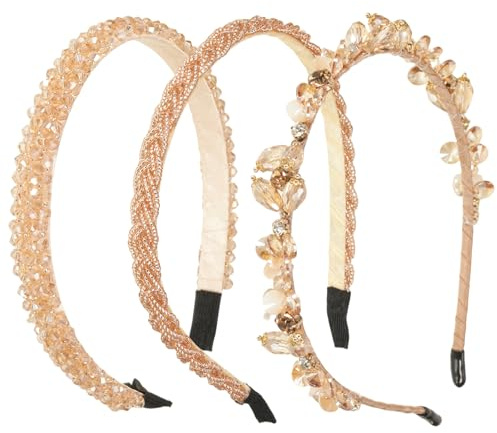3 Stück Strass Haarreif, Dirndl Trachten Haarschmuck Glitzer Haarband Kopfbedeckungen Edelstein Haarreif Damen Prinzessin Haarreifen Frisurenhilfe, für Party Geburtstag Hochzeit (Champagnerfarbe)