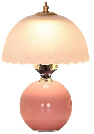 OOWDMPE Vintage Tischleuchte mit Kabel Keramik Nachttischlampe Glas Lampenschirm E27 Retro Tischlampe Minimalistische Nachttischleuchte Deko für Schlafzimmer Wohnzimmer （mit Leuchtmittel） (Rosa)