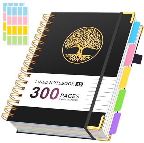 ROBCURSE A5 spiralanteckningsbok med avdelare, 5 ämnes-anteckningsbok med 300 sidor/150 ark 100 GSM linjerat papper, ingen blödning, 5 projekt anteckningsblock för att skriva anteckningar
