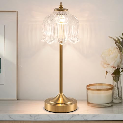 EIDEARAY Retro Tischlampe Kabellos, Wiederaufladbar mit 6000mAh Akku, 3 Farbtemperaturen Dimmbar, Tragbare LED-Tischlampe für Esszimmer, Schlafzimmer, Bar(Transparent)
