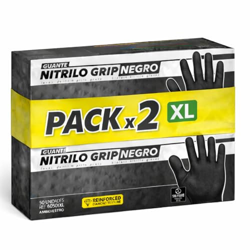 100 Guantes Nitrilo Diamantados Negros XL - Guantes Trabajo (Sin latex)