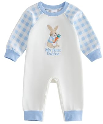 Beauace My First Easter Baby Boy Outfit Bunny Embroidered Plaid Top Long Sleeve Crew Neck Bodysuit Newborn Boys Spring Clothes (Sky Blue, 6-12 Months)