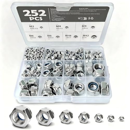 252 PCS Locknuts Assortment Kit – Nuts and Bolts Set with Nylon Insert Locking Nuts, M3 M4 M5 M6 M8 M10 M12 Assorted Nuts and Bolts for DIY, Maintenance & Automotive Use