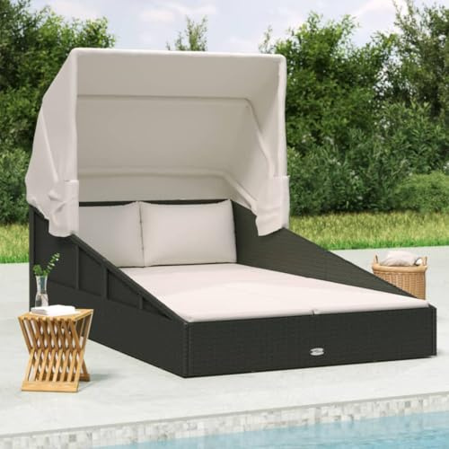 Plumbpyr Sonnenliege mit Faltdach Schwarz 200x114x128 cm Poly Rattan wetterfest verstellbar mit Kissen Loungeinsel für Garten Terrasse Balkon Pool entspannen und sonnenbaden