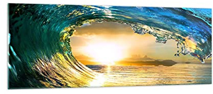 ARTTOR Glasbild 140x50cm Wandbild Glasdruck Landschaften Maritim - 2779 | Ozean Welle Sonne Panorama Groß XXL Modern Dekoration Wohnzimmer Schlafzimmer Küche Wanddeko Kunstdruck Art Wall Decor ARTTOR