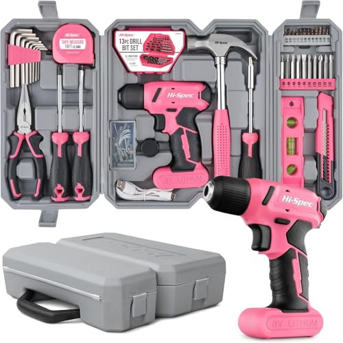 Hi-Spec 58 tlg. Werkzeugkoffer in Pink Akkuschrauber Werkzeugkasten Werkzeug Koffer Werkzeugset : Werkzeugkiste Bestückt mit 8V Akku Schrauber Akkubohrer - Werkzeug für Frauen Haushalt Werkstatt DIY
