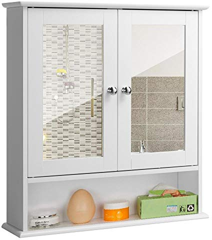 BAKAJI Mobiletto Specchiera Bagno Armadietto a Muro 3 Ripiani in Legno MDF Doppia Anta a Specchio con Apertura Centrale Dimensione 56 x 13 x 58 cm (Bianco Specchio)