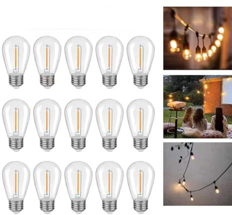 KGC Shatterproof & Waterproof S14 Replacement LED Light Bulbs –1W Equivalent to 10W, White Warm 2200K Outdoor String Lights Vintage Filament Bulb, E26 Base Edison LED Bulbs -15Pack