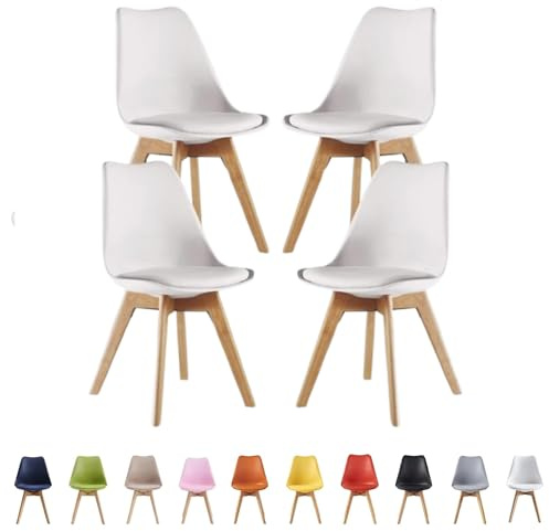 Single Set of 2/4/6 Retro Modern Dining Chairs – Lorenzo Plastic Chairs with Cushioned Pad Seat & Solid Beech Wooden Legs - Side Chair for Living Room Kitchen Office Lounge (White, Pack of 4)