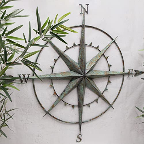 Annibells Rustic Compass Green Metal Antique Wall Art Garden Vintage Sculpture Plaque Decor 95cm