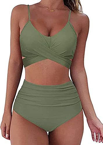 CheChury Femme Maillot de Bain 2 Pieces Bikini Taille Haute Maillots de Bain Sexy Bikini Push Up Vintage Bikini Ensemble Maillots de Bain Brésilien Bikini,Vert,M