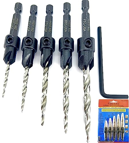 FTG USA 5 Pc #4#6#8#10#12 Countersink Drill Bit Set, Tapered Bits | Includes 5 adjustable countersinks (#4-#12), 1 Allen wrench, counter sink drill bit for wood with quick-change hex shank