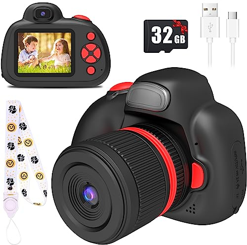 BaFuland Appareil Photo pour Enfants,Appareil Photo numérique pour Enfants de 3 à 10 Ans, écran IPS de 2,4 Pouces,avec Flash,32G Carte Incluse, Jouets Cadeau d'anniversaire pour Enfants-Noir