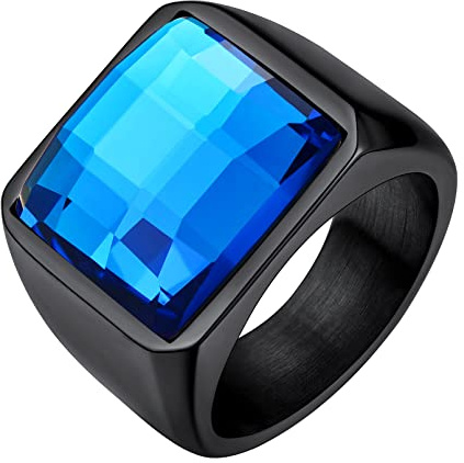 Custom4U Edelstahl Herren Fingerring Punk Zirkonia Bandring Silber/Gold/Schwarz Männer Jungen Blau Topas Siegelring Ringgröße 54.4(17.25)-72.3(22.75) für Hochzeitsring Partnerring