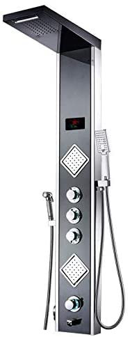 LED Duschpaneel mit 6 Funktionen aus rostfreiem Edelstahl mit Temperaturanzeige und 2 quadratischen Massagedüsen Farbe: Schwarz-Chrom