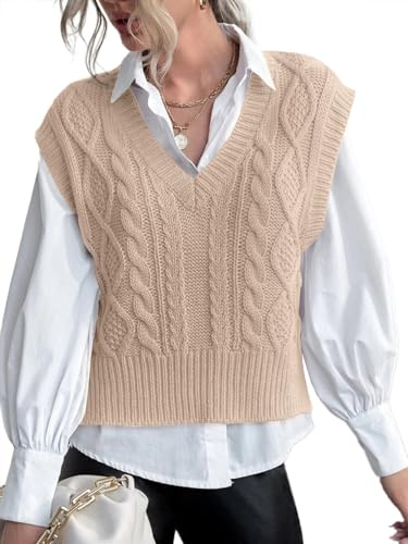Jumppmile Womens V Neck Sweater Vest Cable Knit Solid Sleeveless Pullover Crop Sweater Vest M Sand Beige
