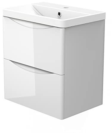 Biubiubath 500mm Wall Hung Bathroom Vanity Basin Unit Gloss White 2 Soft Close Drawers Bathroom Furniture Set flat pack