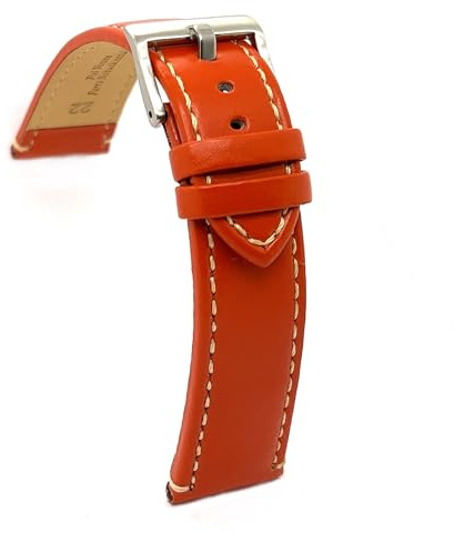 diloy Correa de cuero vacuno liso deportiva plana con costura blanca – Para reloj – Tallas 14mm 16mm 18mm 20mm 22mm 24mm – Resistente y elegante 373 Naranja 20mm