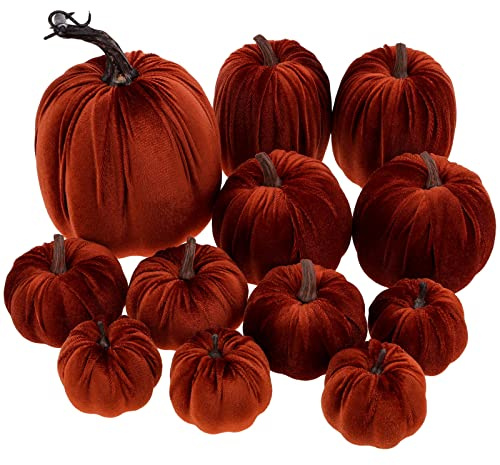 Funzhan 12Pcs Assorted Artificial Pumpkin Set Decor Brown Velvet Foam Pumpkin Thanksgiving Halloween Fall Harvest Home Kitchen Table Party Pumpkin Decoration
