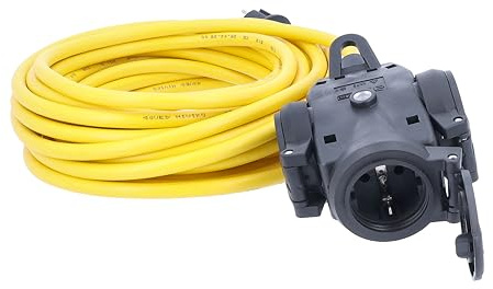 as - Schwabe 3-fach Vollgummi-Verteilersteckdose, 15 m K35 AT-N07V3V3-F 3G2,5, Mehrfachsteckdosen-Verteiler mit 3 Schutzkontaktsteckdosen und Sicherheitsdeckel, IP44 für den Außenbereich, 60343