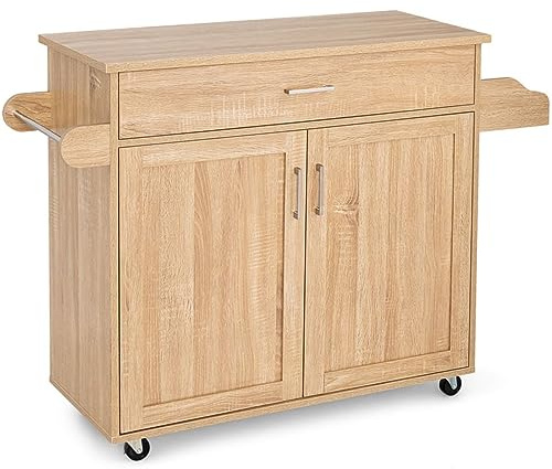 GiantexUK Kitchen Island Cart (Natural, 116 x 40 x 85 cm) | Rolling Storage Serving Trolley with Large Drawer, Adjustable Shelf and Towel Rack, Utility Storage Cabinet Unit