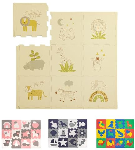Hakuna Matte Stylische Puzzlematte Baby 0,9x0,9 m Safari Tiere – 9 Platten à 30x30cm – 20% dickere & weichere Spielmatte–schadstofffreie, geruchlose, Pflegeleichte Krabbelmatte–plastikfreie Verpackung