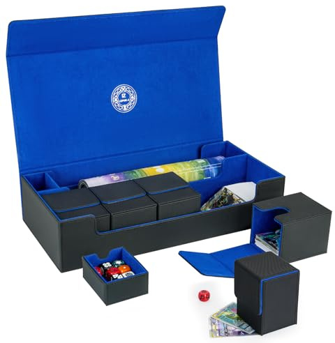 Juego de caja de cartas 6 en 1, estuche de almacenamiento de cartas coleccionables extra grande con 5 cajas pequeñas, vitrina magnética compatible con MTG/TCG/Yugioh/Magic/Commander (negro y azul)