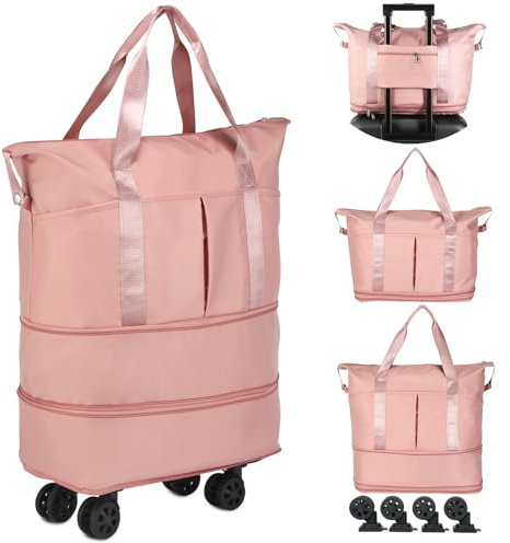 VOOWO Reisetasche mit Rollen, erweiterbar, faltbar, mit Rollen für Reisen, Rollgepäck, Handgepäck, Reisetasche, große Wochenendtasche für Damen und Herren, Rose, Erweiterbare Reisetasche mit Rollen