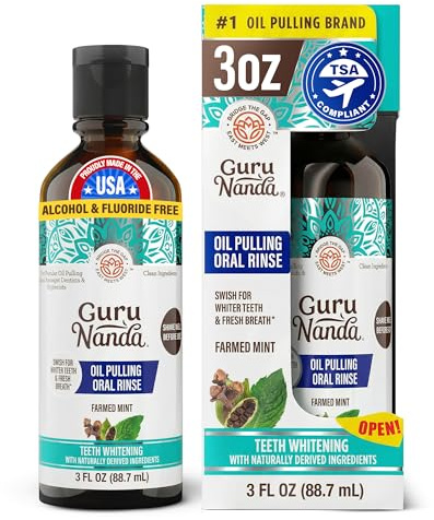 GuruNanda Travel Size Coconut Oil Pulling, 7 Essential Oils & Vitamins, Promotes Fresh Breath & Happy Gums, No Alcohol & Fluoride - 3 oz