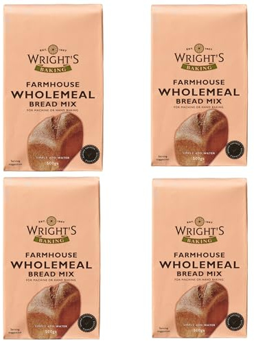 Wright's Farmhouse Wholemeal Bread Mix 4X500g – Stoneground Wheat Flour Blend for Homemade Bread, Bread Maker & Hand Baking – High Fiber, Freezable & Vegetarian (NP)