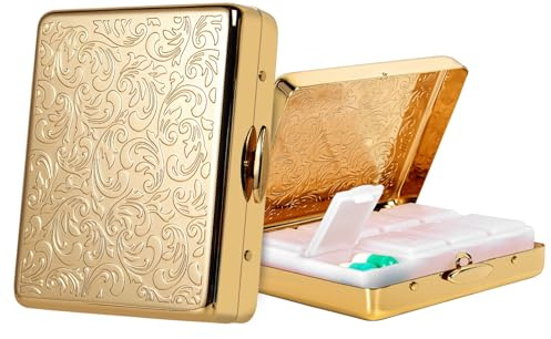 Tablettenbox 7 Tage 8 Fächer, Reise Metall Pillenbox.BPA-freier Tragbarer Pillenbox für Medikamenten (Gold, Mittel)