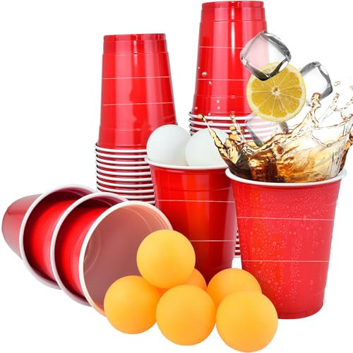 Epished Super Sturdy 50 Pcs 12oz Plastic Cups with 12 Ping Pong Balls – Recyclable, Odourless, Shatter-Proof, Easy-Separable Red Party Cups – Durable PP Plastic Drinking Cups for Parties, BBQs, Events