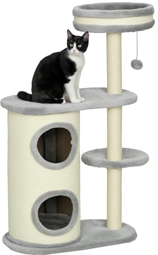 PawHut Arbre à Chat, 100 cm, Arbre à Grimper avec griffoir, Arbre à Chat, Arbre à Chat avec Colonne sisal et Balle de Jeu, Meuble pour Chats avec Coussin, Peluche, Gris