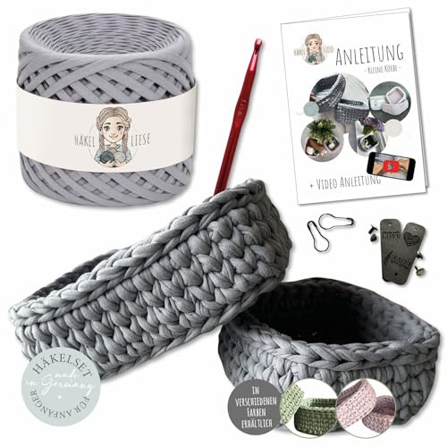 Häkelset für Anfänger - kleine Körbe, T-Shirt Garn, Körbe Häkeln Erwachsene | Häkelset Anfänger, Textilgarn zum Häkeln, Crochet Set, Körbe Häkeln, Geschenk Teenager, Häkel Set, häkeln lernen HÄKEL LIESE