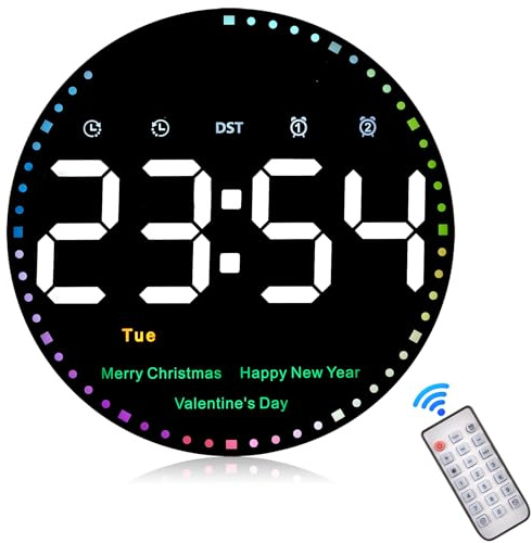 Groß Wanduhr Digitale mit Fernbedienung, 10 LED Wecker mit Uhr/Datum/Tag/Temperatur/Timer/Countdown/2 Alarme, ohne Ticken Einstellbare Helligkeit Moderne Uhr für Wohnzimmer Schlafzimmer Dekor, Gesc