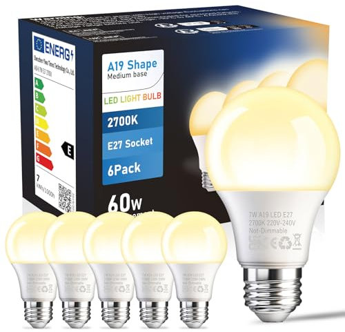 E27 LED Warmweiss Glühbirnen, 7W 806lm LED Lampe Ersetzt 60w Halogenlampe,Sparen Sie 90% Strom,Nichts Dimmbar,180° Abstrahlwinkel Energiesparlampe,2700 Kelvin Warmweiß, A19 LEDs Leuchtmittel, 6 Stück
