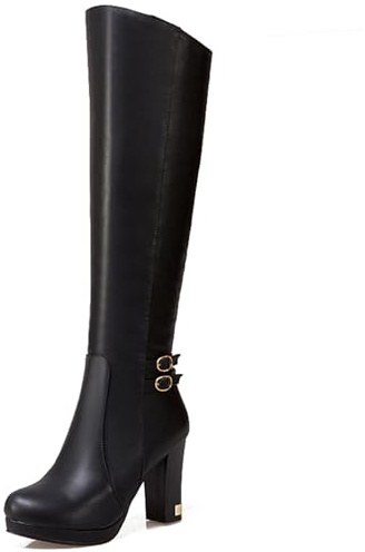 Asterisco Bottes Hautes Pour Femmes À Talon Bloc avec Plateforme Talons Hauts Bottes Bout Rond Zip Bottes Habillées, V179904Si Noir Taille 37 EU/38Cn