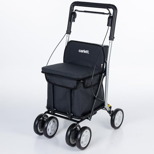 Carlett Einkaufstrolley mit Sitz Bis 125KG Einkaufstrolley Klappbar 29L Rollator mit Sitz, 4 Räder, Bremsen, Griff Verstellbar, Shopping Trolley Foldable Shopping Cart Comfort Move (Schwarz)