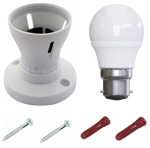 Tabsy Bayonet Batten White Ceiling Lamp Holder BC B22 Light Bulb Socket Fitting | Energy-Saving 5W LED Bulb & Installation Kit (2 Wall Plugs & Screws)