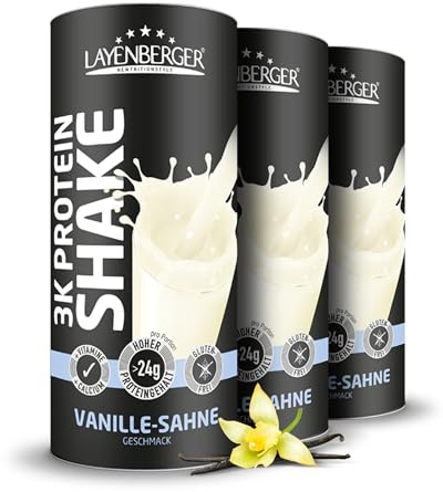 Layenberger 3K Protein Shake Vanille-Sahne (3x360 g) | 79 % Eiweiß, nur 4,1 % Kohlenhydrate, 7,2 g Zucker, insgesamt 1080 g