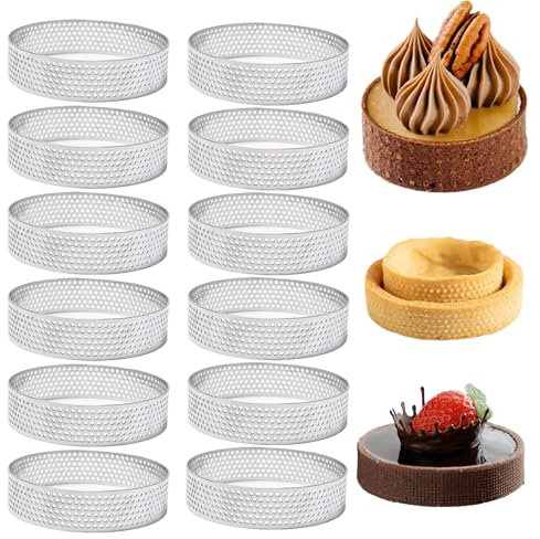 Keboyoe 12 Piezas Moldes Perforados Tartaletas Aros para Tartas Anillos Redondos para Tartas Anillos para Pastel de Acero Inoxidable Herramientas Redondas para Hornear Pasteles(6 cm)