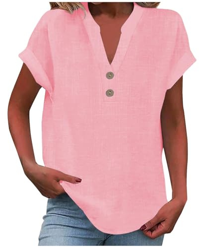 Yinguo Ladies Tops 2025 Women's Summer Cotton Linen Cap Sleeve T-Shirt Button V Neck Tunic Tops Fashion Baggy Solid Plain Casual Shirts Trendy Blouse