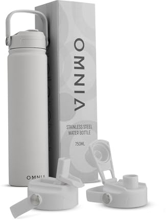OMNIA Vacuum Insulated Stainless Steel Water Bottle, 2 Lids (Straw & Spout) Leakproof, BPA-Free, Reusable Flask for Sports, Gym, Travel, Outdoors (Stone Grey, 750ML)