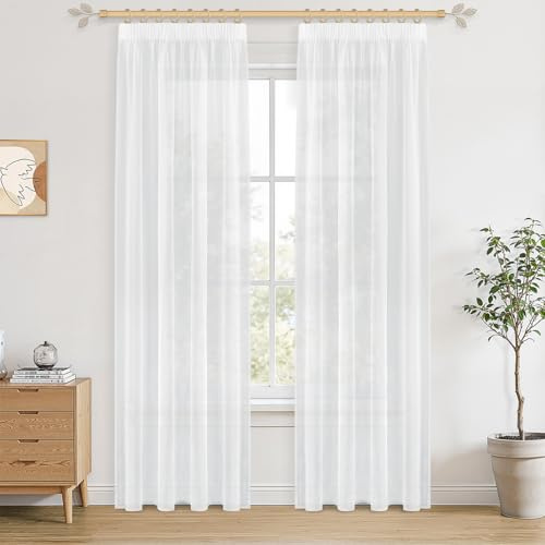 CUTEWIND Cortina Blanca para Riel de Techo 140x225cm (AnxAl) 2 Piezas, Voile Bohemio Ligero y Elegante con Ruflette, Ideal para Sala Moderna, Dormitorio y Infantil