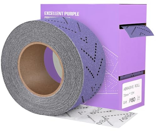 MOGRQAP Rollo de Papel de Lija Grano 80, 70mm x 12m Rollo de Hojas de Lija Multi-Hole Precorte Papel de Lijado Cerámicas Morado para Madera, Metal y Pulido de Automóviles