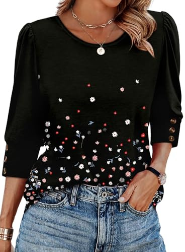 Women Blouses Business Casual Outfits 3/4 Length Sleeve Womens Tops Button Plus Size Shirts Going Out Trendy Women's Clothing Floral Black M
